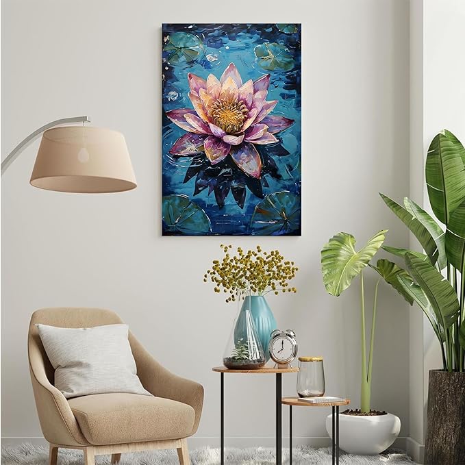 Gorgeous pink and purple water lilies on deep blue water Eye-catching oil painting Serene aquatic wall art for modern home decor 12x18in Frameless