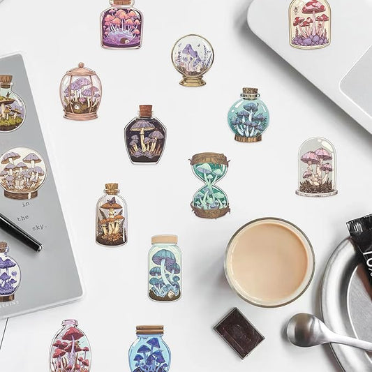 50 Pcs Vintage Mushroom Jar Stickers, Transparent Cartoon Aesthetic Stickers, Waterproof PET Vinyl Decals for Scrapbooking, Journaling, Laptop, Water Bottle, Phone Case Decoration