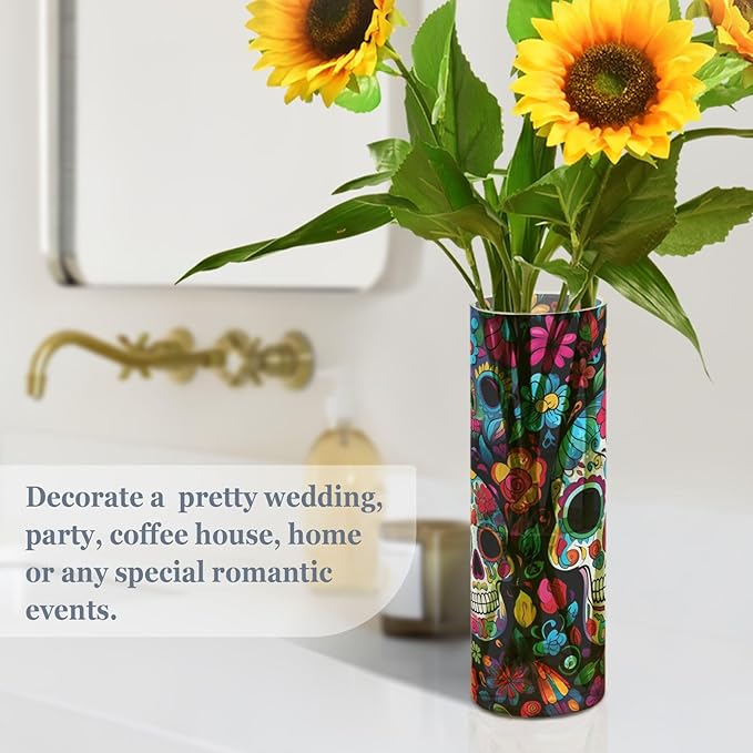 Flower Vase for Centerpieces, Day of The Dead Skull Flower Plastic Cylinder Vase, Clear Bud Vases for Home Wedding Office Table Decor