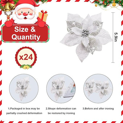 24 Pcs Christmas Poinsettia Flowers Artificial with Clips, 5.9" Christmas Decor Glitter Poinsettia Flowers for Christmas Tree New Year Wedding Party Wreath DIY Garland Decor (Sliver)