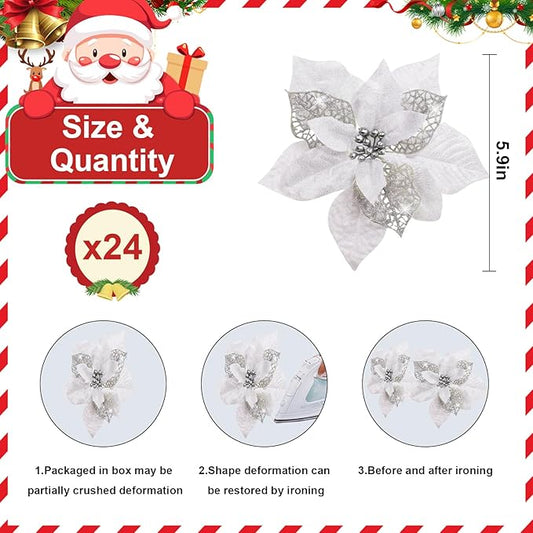 24 Pcs Christmas Poinsettia Flowers Artificial with Clips, 5.9" Christmas Decor Glitter Poinsettia Flowers for Christmas Tree New Year Wedding Party Wreath DIY Garland Decor (Sliver)