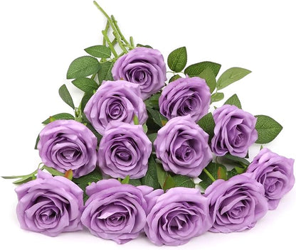Artificial Rose Flower Lilac Flowers Lilac Roses Purple Rose Flowers Silk Flowers 12 pcs with Long Stem Silk Roses Bouquet for Wedding Bridal Shower Party Home Decoration