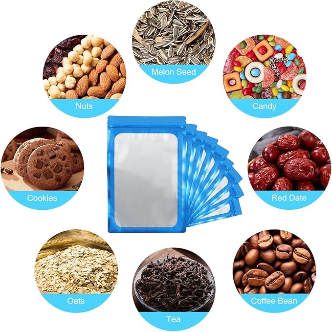 400 Pack 4 Size Bags with Clear Window,Scratch Resistant Hand Holographic Packaging Pouch,Resealable Bag for Small Bussiness Cookies Jewelry Candy Sample (Blue, 2.4×3.9,3x4.7,4×7,5.5×7.9 inch)