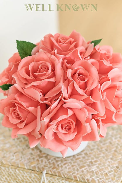 Artificial Rose Bouquet in Ceramic Vase, Silk Flower Arrangement in Pot, Real Touch Fake Flowers with White Vase for Wedding Home Centerpiece Coffee Table Bathroom Anniversary Decor & Gift (Coral)