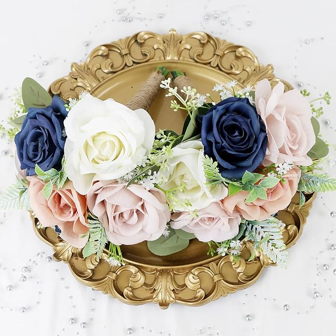 Set of 2 Bridesmaid Bouquets for Wedding - 7 Inch Artificial Flowers Bouquets for Ceremony Anniversary Centerpieces Decorations - Navy Blue and Dusty