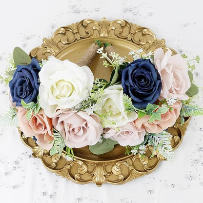 Set of 2 Bridesmaid Bouquets for Wedding - 7 Inch Artificial Flowers Bouquets for Ceremony Anniversary Centerpieces Decorations - Navy Blue and Dusty