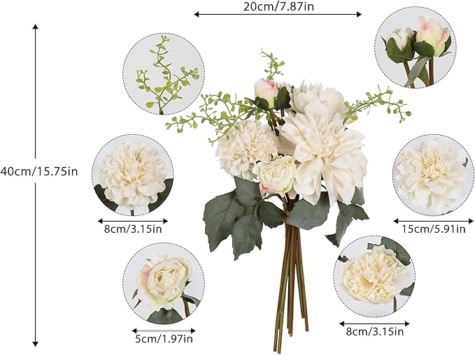2 Bouquets White Artificial Peonies Combo Faux Dahlia Flowers 18stems Faux Flowers for Vase White Fake Flowers for Home Decoration Wedding Decoration Bride Bouquet (White)