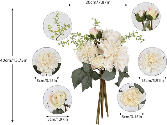 2 Bouquets White Artificial Peonies Combo Faux Dahlia Flowers 18stems Faux Flowers for Vase White Fake Flowers for Home Decoration Wedding Decoration Bride Bouquet (White)