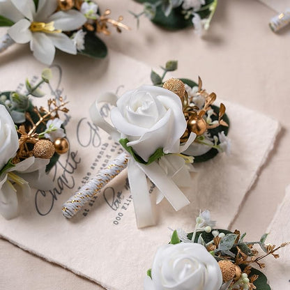 Meldel White Boutonniere for Men Wedding with Pins,Set of 6, Greenery Corsage Rose Groom Groomsmen Boutonniere for Wedding,Prom,Homecoming,Party,etc.