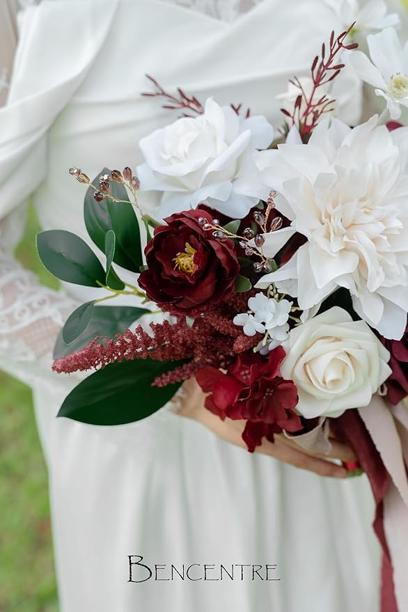 10 Inch Burgundy&White Bridal Bouquet,Bride Bouquets for Wedding Ceremony Anniversary, Party and French Rustic Vintage Wedding,Gothic Wedding,Artificial Flowers
