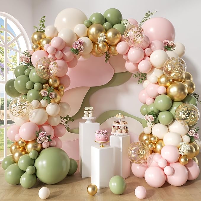 Avocado Green Pink Balloon Arch Kit, 146Pcs Pastel Pink White Sand Retro Avocado Green Gold Confetti Balloons for Baby Bridal Shower Wedding Engagement Birthday Party Decorations