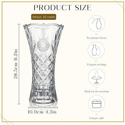 kanpura 11.2'' Clear Tall Crystal Vase Glass Vases for Flower Thickened Flower Vase for Christmas Party Centerpieces(1 Piece)