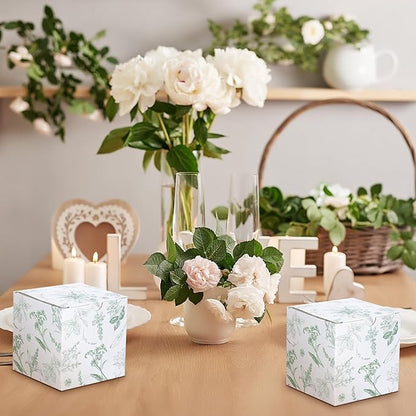 TecUnite 50 Pcs 3x3x3'' Green Floral Paper Gift Candy Boxes Chinoiserie Flower Paper Gift Box Small Green White Hydrangea Party Packaging Bag for Wedding Birthday Cardstock Shower Party Supply Decor
