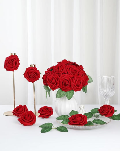 DuHouse 50Pcs Artificial Roses Flowers Fake Roses with Stems Real Touch Foam Flowers for DIY Wedding Bouquet Baby Shower Centerpiece Floral Arrangement Party Home Decor(Dark Red)