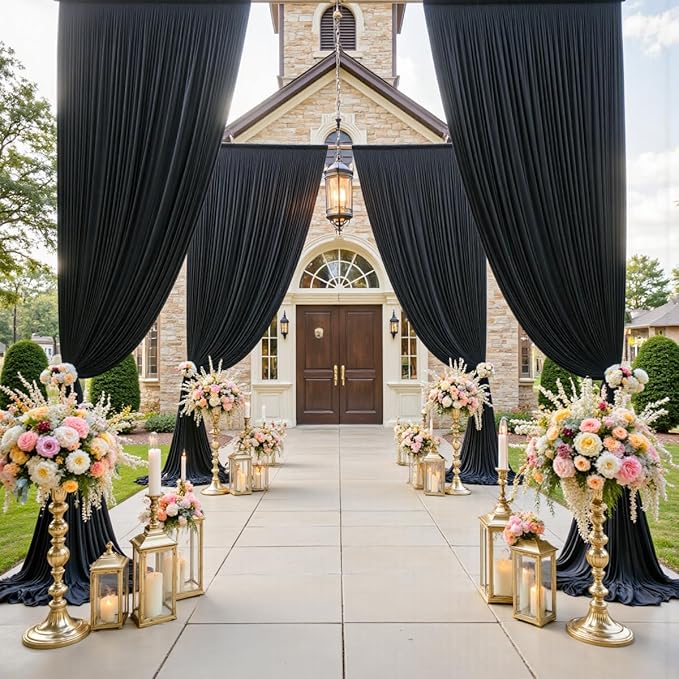 gogoparti 20x15 ft Black Backdrop Curtain for Weddings & Parties - 4-Panel Wrinkle-Free Polyester Drape, 15 FT Long for Birthday, Baby Shower, Halloween Photography Background