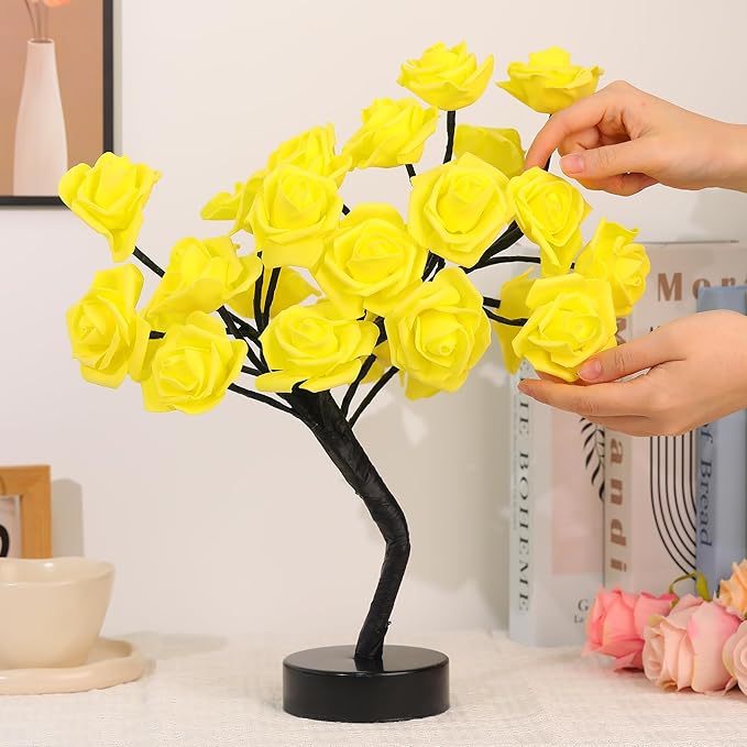 Drawelry Rose Flower Tree Lamp - LED Rose Tree Table Lamp USB/Battery Powered Artificial Bonsai Flower Night Light for Bedroom Living Room Party Wedding Birthday Decor (Yellow)
