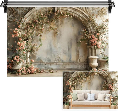 9x6ft Vintage Building Wall Backdrop Pink Rose Flowers Spring Retro Floral Arch Photography Background for Mothers Day Wedding Bridal Shower Birthday Newborn Anniversary Princess Portrait