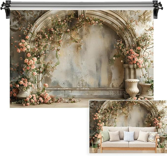 9x6ft Vintage Building Wall Backdrop Pink Rose Flowers Spring Retro Floral Arch Photography Background for Mothers Day Wedding Bridal Shower Birthday Newborn Anniversary Princess Portrait