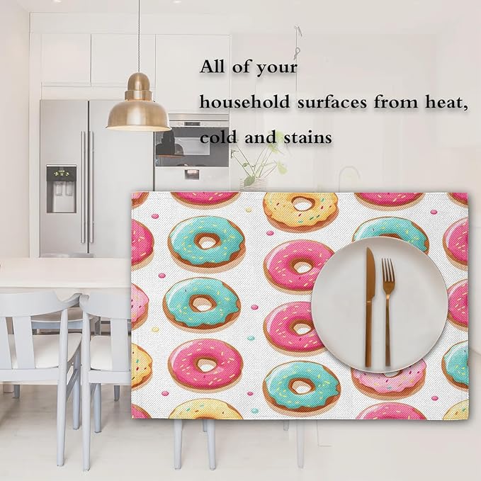 Sweet Doughnuts Placemats Set of 6, Washable Linen Place Mats, Colorful Donut Pattern Table Mats for Kitchen Dining Table Decor Heat Resistant Tablemats 12x18
