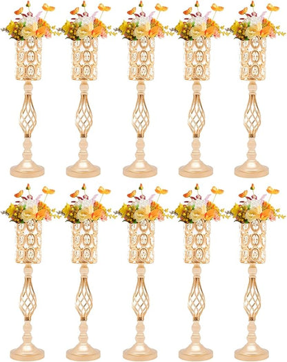Crystal Wedding Flower Stand, 10pcs 24" Tall Metal Wedding Centerpiece Vase with Eva Pad, Gold Flower Holder Flower Vase Display Rack Centerpiece Decor for Outdoor Wedding Holiday Special Events Etc