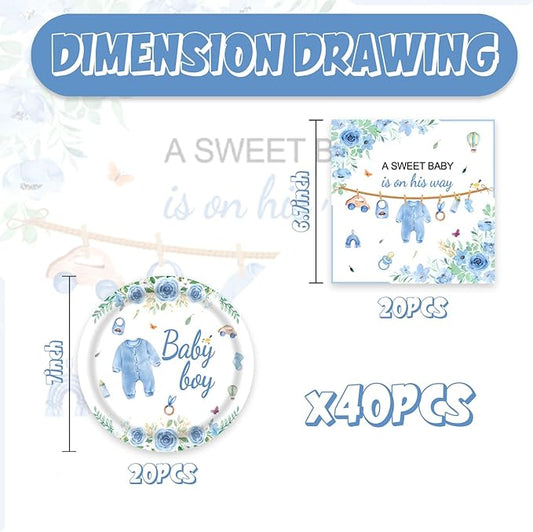 Blue Baby Shower Decorations Blue and White Paper Plates and Napkins Set Party Supplies for Gender Reveal Table Decor 40Pcs Baby Boy Shower Decorations