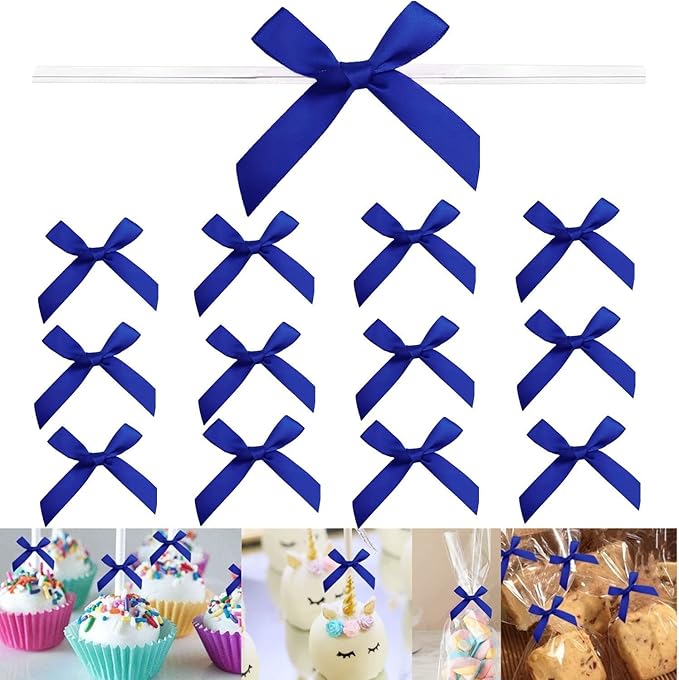100 PCS 3 Inches Satin Bow Twist Ties, Ribbon Twist Tie Bows for Treat Bags, Pretied Bows, Twist Tied Bows with Wire for Bags, Pre Tied Ribbon Bows for Baby Shower, Favors, Popcorn(Royal Blue)