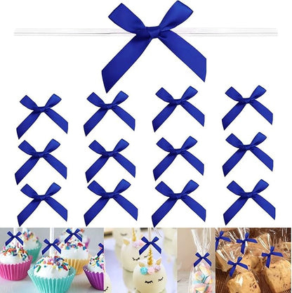 100 PCS 3 Inches Satin Bow Twist Ties, Ribbon Twist Tie Bows for Treat Bags, Pretied Bows, Twist Tied Bows with Wire for Bags, Pre Tied Ribbon Bows for Baby Shower, Favors, Popcorn(Royal Blue)