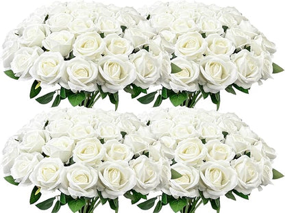 Wondrus Bulk Artificial Flowers 100 PCS, Fake Velvet Silk White Roses with Long Stems Realistic Bouquet for Wedding Centerpieces, Faux Arrangement for Home Table Decor