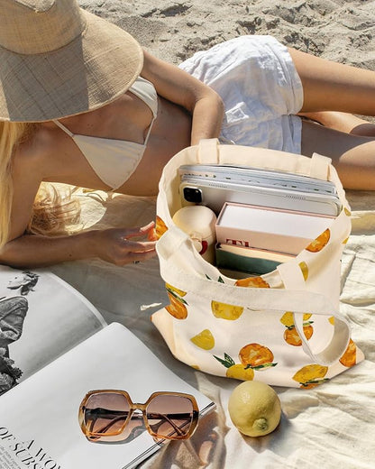 Aesthetic Canvas Tote Bag with Inner Pocket for Women, Cloth Cotton Totes Bag with Pattern for Shopping, Gym