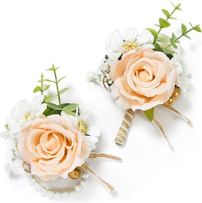 Serwalin Champagne Corsage and Boutonniere Set, Prom Flower Wrist Corsage Bracelets, Homecoming Roses Corsage Wristlet and Men Boutonniere for Wedding Flowers Accessories Prom Suit Decorations