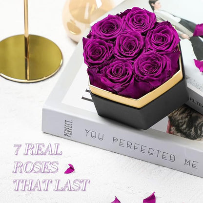 Preserved Roses Flowers for Delivery 7 Pcs, Forever Flores in a Box with Necklace, Eternal Rose Anniversary Birthday Gifts for Women Mom Wife Girlfriend, Rosas for Valentines Christmas, Purple