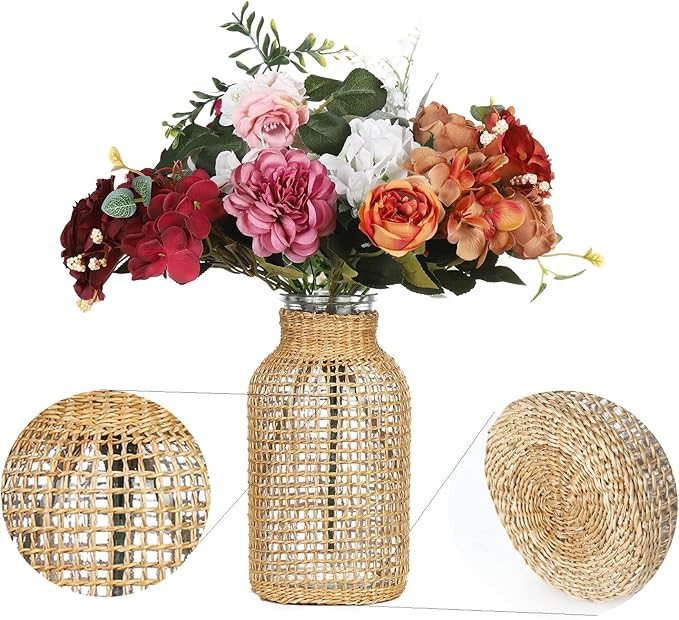 WHJY Boho Glass Vase, Rattan Vase, Farmhouse Rattan Décor, Round Flower Vase Basket Vase for Floral Arrangements -8 inch
