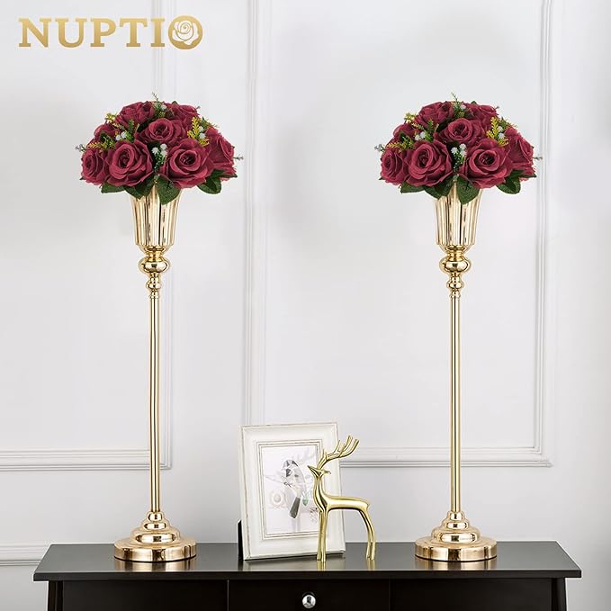 NUPTIO Flower Ball Arrangement Bouquet - 10 Pcs 9.5 inch Diameter Burgundy Fake Flowers Roses Balls for Centerpieces Tables - Artificial Rose Arrangements for Wedding Centerpiece Table Decorations