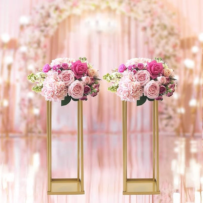 2PC 23.6" Flower Stand for Wedding Metal Cylinder Stands for Party Rectangular Gold Centerpieces Flower Vase Gold Pedestal Columns for Weddings Indoor Outdoor Flower Plant Stand Decoration