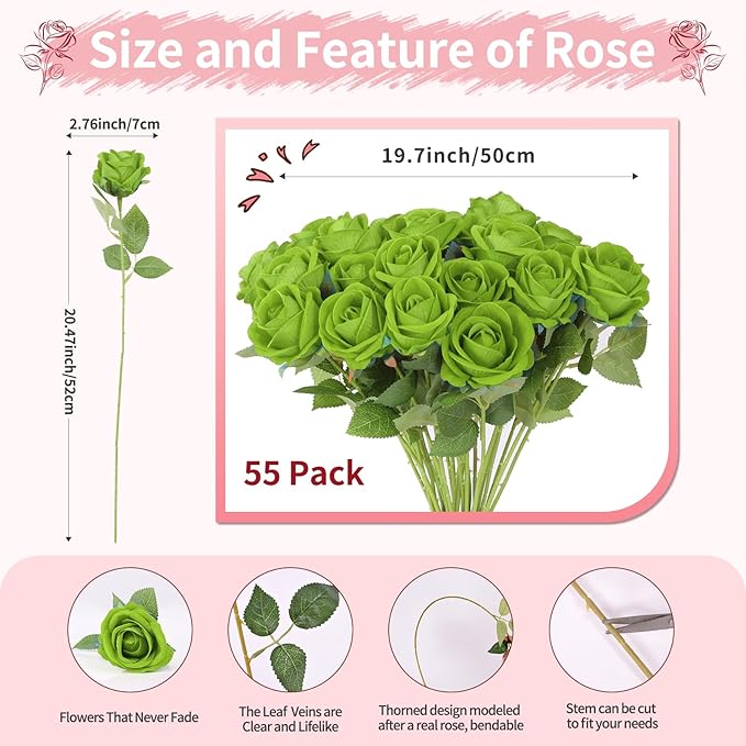 52 PCS Green Roses Artificial Flowers,Fake Green Roses Bouquet,Greens Artificial Silk Rose with Stems for Wedding Flowers Decoration, Valentines Day, Bridal Bouquet Rose,Wedding Decoration