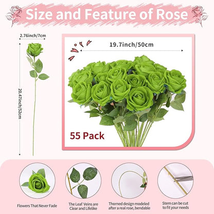 52 PCS Green Roses Artificial Flowers,Fake Green Roses Bouquet,Greens Artificial Silk Rose with Stems for Wedding Flowers Decoration, Valentines Day, Bridal Bouquet Rose,Wedding Decoration
