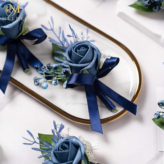 Meldel Blue Boutonniere for Men Wedding, Set of 6, Groom Groomsman Guest Boutonnieres Wedding Decor Artificial Flowers Corsage for Wedding Ceremony Formal Dinner Prom Party Decoration