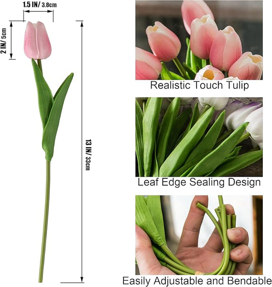 20pcs Pink and White Artificial Tulip Flowers, Silk Fake Flowers 13" for Mother's Day, Easter, Valentine’s Day Gifts in Bulk, Home, Kitchen, Wedding Decorations