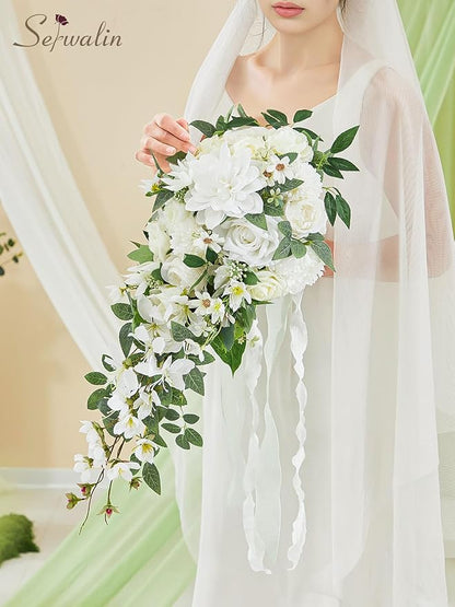 Serwalin 11Inch Bridal Bouquet White Green Wedding Bouquets for Bride Bridesmaid Artificial Wedding Flowers for Wedding Ceremony Anniversary