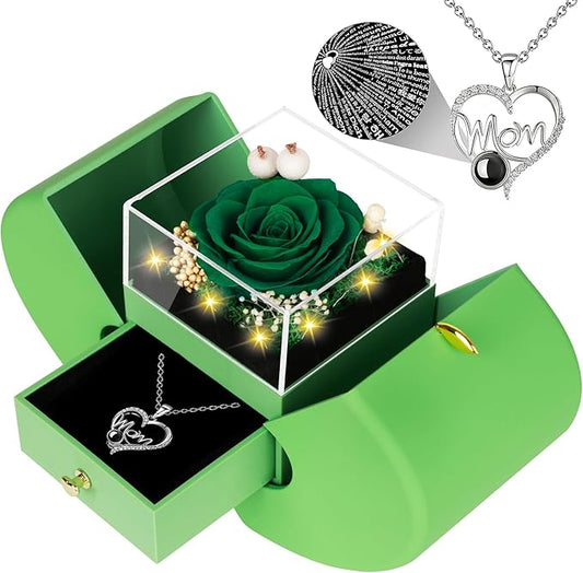 Gifts for Mom from Daughter and Son, Unique Mother Birthday Gift Idea, Preserved Green Real Roses with I Love You in 100 Languages Mom Necklace, Cool Present to Mother Mama-Green