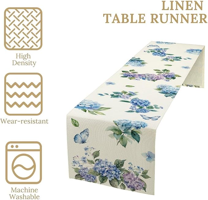 Blue Floral Table Runner, Spring Summer Watercolor Hydrangea Flower Butterfly Country Farmhouse Coffee Table Center Decor for Home Kitchen Dining Patio Holiday Party Table Decorations 13x90 inches