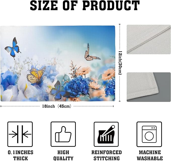 Flying Butterfly Placemats Set of 4, Blue Flowers 12x18 Inch Non-Slip Washable Heat Resistant Linen Fabric Table Mats,Place Mats for Holiday Party