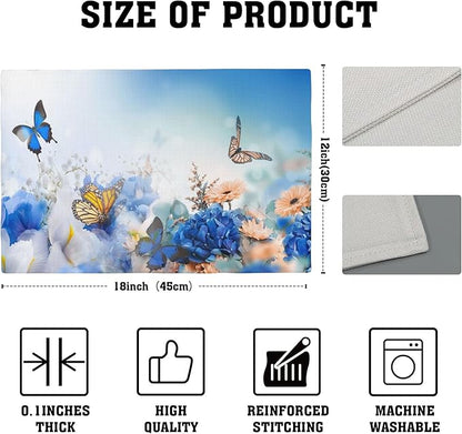 Flying Butterfly Placemats Set of 4, Blue Flowers 12x18 Inch Non-Slip Washable Heat Resistant Linen Fabric Table Mats,Place Mats for Holiday Party