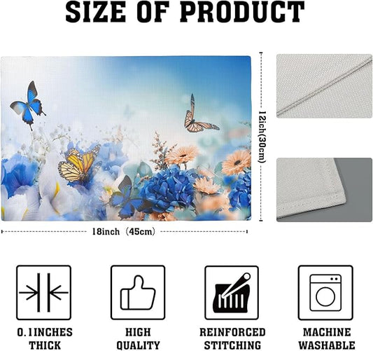 Flying Butterfly Placemats Set of 4, Blue Flowers 12x18 Inch Non-Slip Washable Heat Resistant Linen Fabric Table Mats,Place Mats for Holiday Party