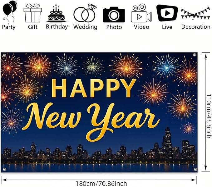 Happy New Year Banner 71x43 Inch Fireworks Skyline Party Wall Decoration New Year Photo Backdrop for Indoor Celebration Countdown Event Holiday Party Background Display