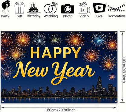 Happy New Year Banner 71x43 Inch Fireworks Skyline Party Wall Decoration New Year Photo Backdrop for Indoor Celebration Countdown Event Holiday Party Background Display