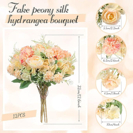 Tigeen Artificial Flowers Artificial Peonies Silk Flowers Faux Peony Fake Peony Silk Hydrangea Bouquet for Wedding Table Centerpiece Floral Vase Decor(Orange,12 Bundles)
