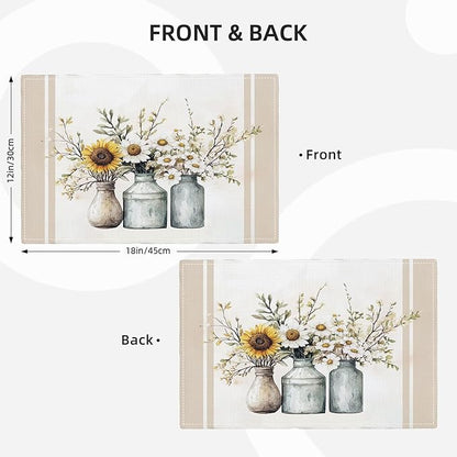 Farmhouse Sunflower Placemats Set of 4, Rustic Daisy Place Mats, Country Dining Table Mats, Washable Spring Placemats for Kitchen Dining Room Home Decor 18L'' × 12W''