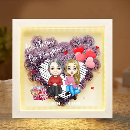 Personalized Mom Flower Shadow Box with LED Light Custom Heart Shaped Rose Flower Shadow Box Frame Like Mother Like Daughter Mother's Day Portrait Shadowbox Memory Gifts for Mom from Daughter