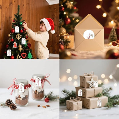 60Pcs Merry Christmas Gift Tags, 3.3x2.1 Gold Foil Xmas Presents Tags with String, Holiday Gift Tags with Berry for Winter New Year Party Candy Bag Envelope Gift Favor